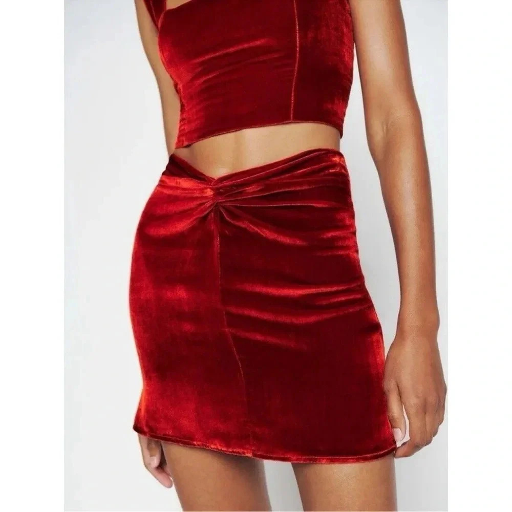 Reformation Harri Velvet Mini Skirt Silk Blend in Red Orange